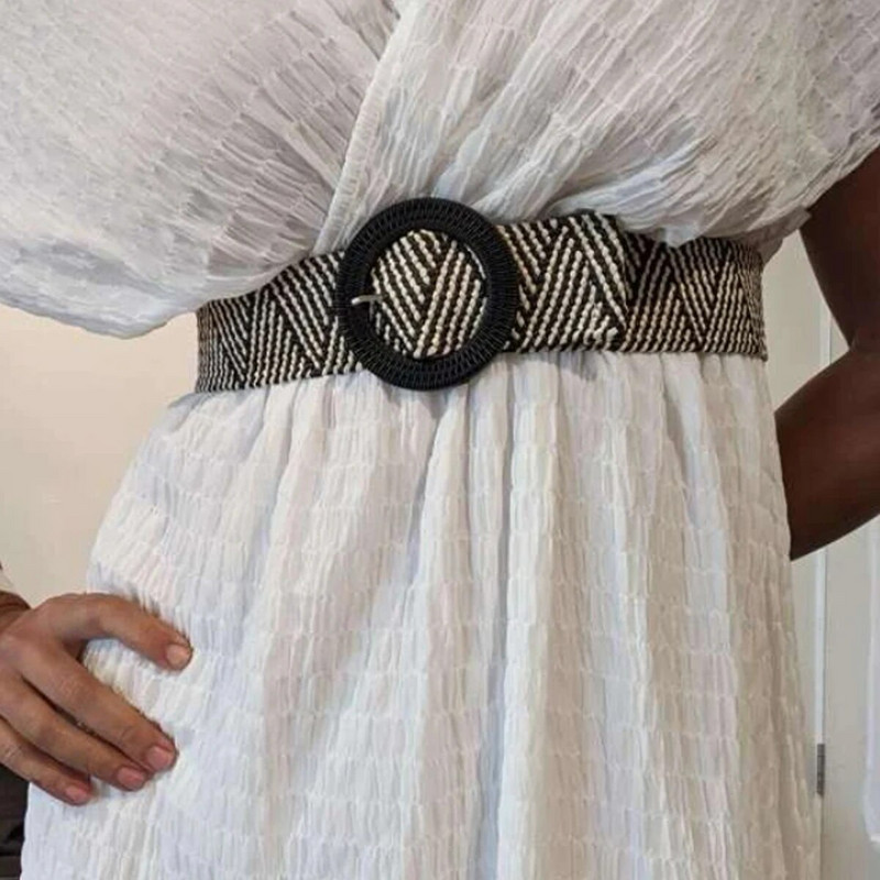 Novi boemski ženski prugasti pleteni remen, ljetni PP slamnati remen, stil za plažu, široki pojas, elastični remen, ženska haljina, ukras, vruće