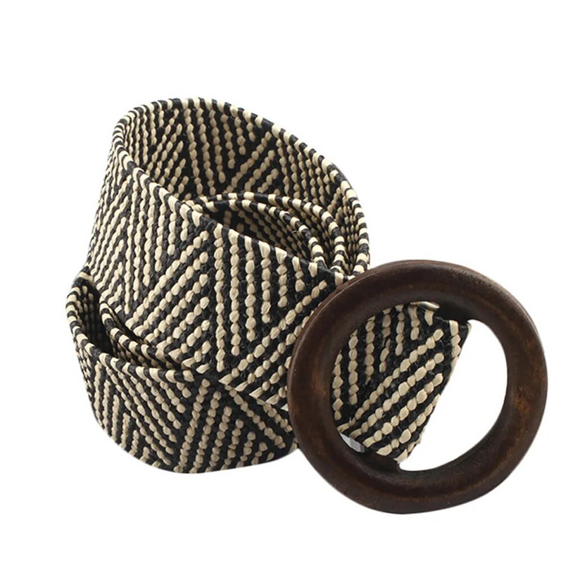 Vintage Boho pītas jostas jostas vasaras masīva sieviešu josta apaļa koka gluda sprādze viltotu salmu platas jostas sievietēm karstā izpārdošana