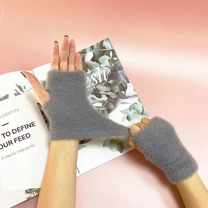 Korejas vienkrāsaini ūdeles samta puspirksta siltie cimdi Sieviešu ziemas bezpirkstiem plīša aukstumizturīgi studentu dūraiņi S68