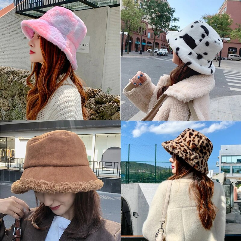 Zimski šešir na kravatu Plišane tople ženske panama kape s leopard kravljim šeširom Modne krznene kape za djevojke na otvorenom Ribarske kape za sunčanje