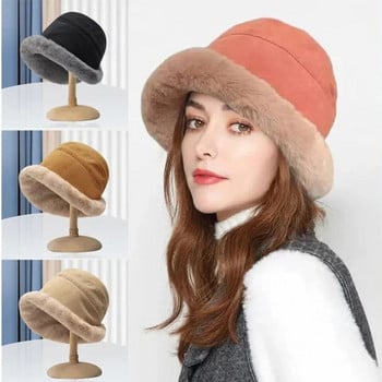 Fashion Fluffy Fur Bucket Καπέλο για Γυναικεία Χειμωνιάτικο Χοντρό Ζεστό Μαλακό Λούτρινο Fisherman Panama Cap Femme Vintage Lamb Fleece Καπέλα Beanies