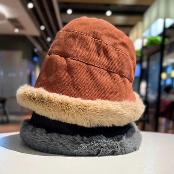 Fashion Fluffy Fur Bucket Καπέλο για Γυναικεία Χειμωνιάτικο Χοντρό Ζεστό Μαλακό Λούτρινο Fisherman Panama Cap Femme Vintage Lamb Fleece Καπέλα Beanies