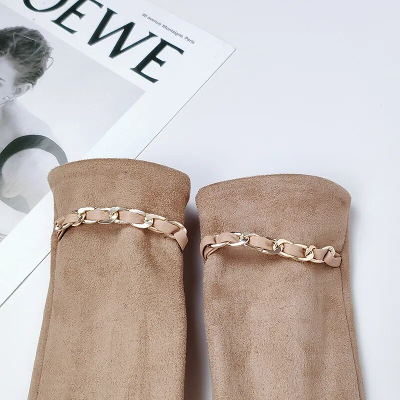 Női velúr bőr lánc strasszok bársony vastag érintőképernyős vezetési kesztyűk télen szabadtéri lovaglás teljes ujjal meleg ujjatlan ujjak