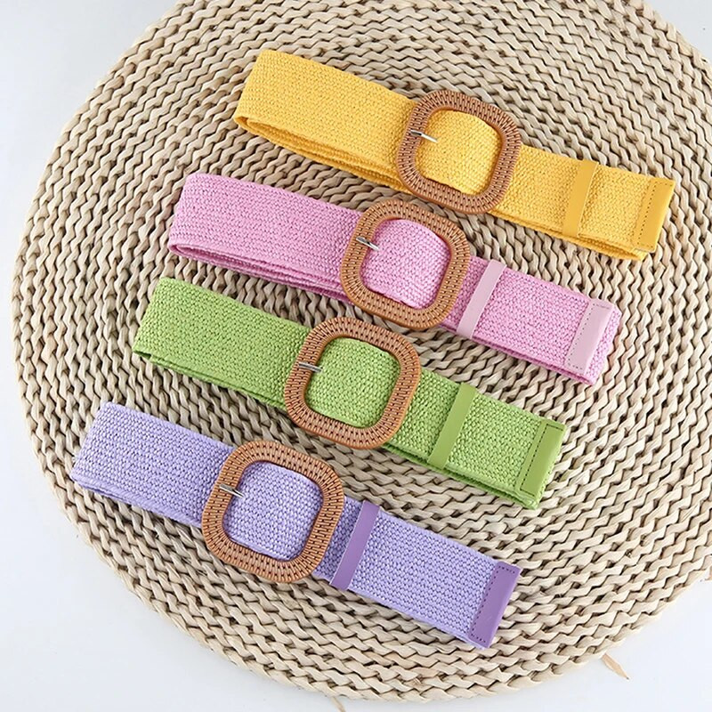 1gab Vintage apaļa/kvadrātveida sieviešu Boho pīta jostas josla plānas elastīgas viltus salmu plastmasas jostasvietas jostas kleita apģērbs Cinturon Mujer