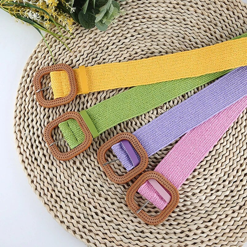 1gab Vintage apaļa/kvadrātveida sieviešu Boho pīta jostas josla plānas elastīgas viltus salmu plastmasas jostasvietas jostas kleita apģērbs Cinturon Mujer