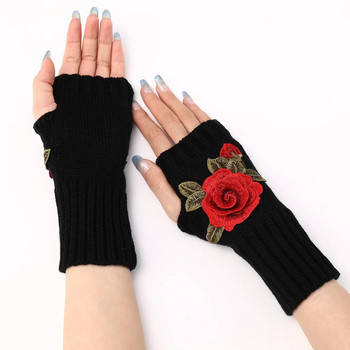 2023 Нови есенни зимни дамски къси модни бродирани ръкавици с цветя Плетени вълнени ръкави Топли ръкавици без пръсти Дамски ръкавици