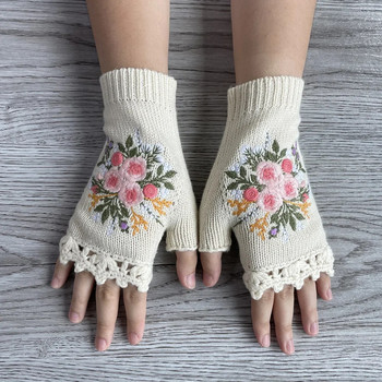 Нови дамски топли есенно-зимни ръчно изработени плетени на една кука бродирани флорални плетени ръкавици с половин пръст Ръкавици за момичета без пръсти