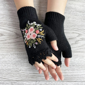 Нови дамски топли есенно-зимни ръчно изработени плетени на една кука бродирани флорални плетени ръкавици с половин пръст Ръкавици за момичета без пръсти