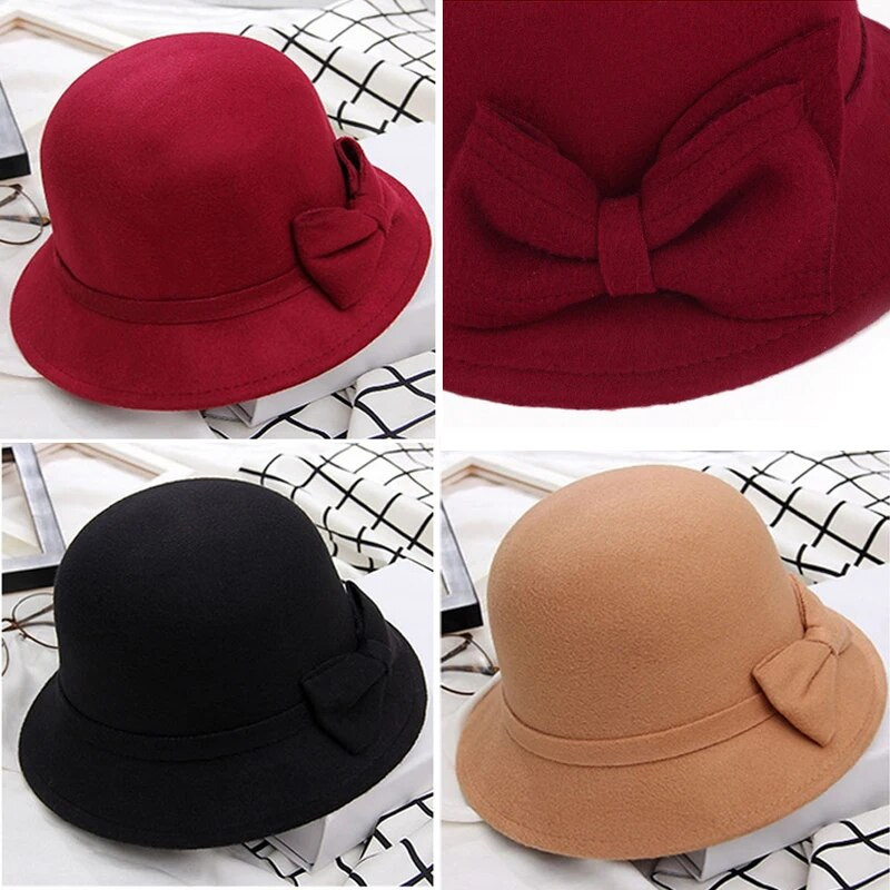 Őszi Téli Fedoras Női Kalap Elegáns Vintage Bowknot Gyapjú Női Kalap Kupola Nemez Esküvői Templom Jazzsapka Női Bow Bowler