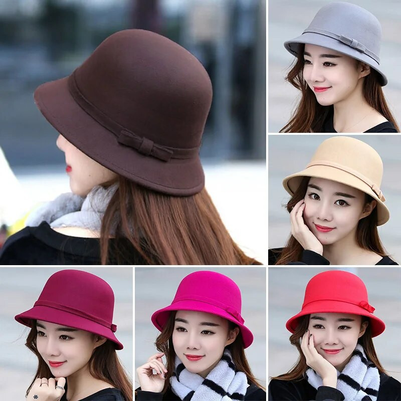 Sieviešu cepure Bow-mezgls vilnas filcs Fedoras korejiešu modes dāmu vintage eleganta cepure silta rudens kausa cepure Panamas cepure sievietēm