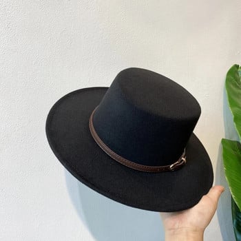 Μόδα Fedoras Γυναικεία Λευκό Μαύρο Φαρδύ γείσο Fedora Καπέλο Γυναικεία απομίμηση μάλλινων καπέλα από τσόχα με δερμάτινη ζώνη ντεκόρ Panama Jazz Cap