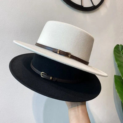 Pălărie Fedora de modă pentru femei, alb, negru, cu boruri largi, pălărie din pâslă imitație de lână, cu decor din piele, șapcă Panama Jazz