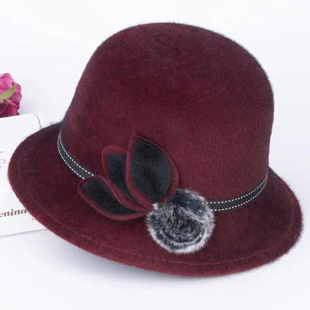 Φθινοπωρινά χειμωνιάτικα μάλλινα καπέλα Γυναικεία καπέλο με θόλο Vintage Κομψό καπέλο Fedoras με καπέλο λουλουδιού για ξαπλώστρα Casual καπέλο λεκάνης Έκδοση καπέλο μπόουλερ