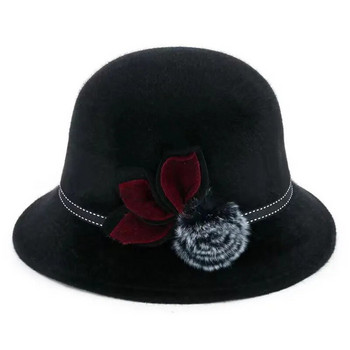 Φθινοπωρινά χειμωνιάτικα μάλλινα καπέλα Γυναικεία καπέλο με θόλο Vintage Κομψό καπέλο Fedoras με καπέλο λουλουδιού για ξαπλώστρα Casual καπέλο λεκάνης Έκδοση καπέλο μπόουλερ