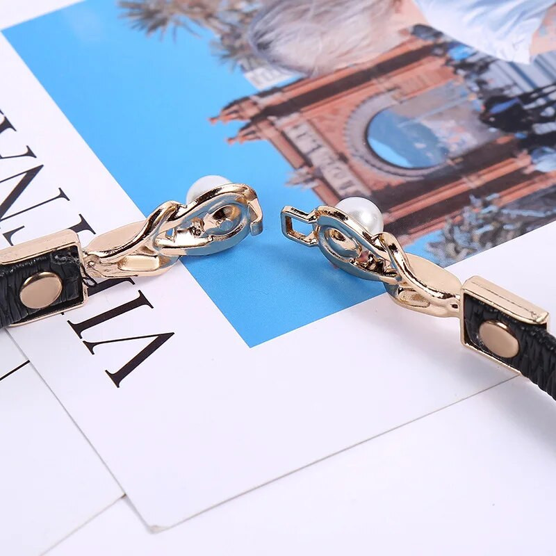 Elegantni dvostruki biseri, kopča, elastični ženski remeni, crni tanki remeni, ženska haljina, suknja, ukrasi, pojasevi