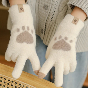Модни ръкавици с отпечатък на котешка лапа Мобилен телефон Сензорен екран Плетени ръкавици ръкавици Зимни дебели топли меки пухкави ръкавици за възрастни Дамски