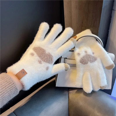 Modne rukavice s otisnutim mačjim šapama Mobilni telefon Zaslon osjetljiv na dodir Pletene rukavice Rukavice Zimske debele tople meke paperjaste rukavice za žene