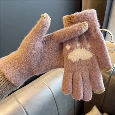 Modne rukavice s otisnutim mačjim šapama Mobilni telefon Zaslon osjetljiv na dodir Pletene rukavice Rukavice Zimske debele tople meke paperjaste rukavice za žene