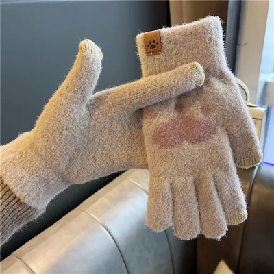 Modne rukavice s otisnutim mačjim šapama Mobilni telefon Zaslon osjetljiv na dodir Pletene rukavice Rukavice Zimske debele tople meke paperjaste rukavice za žene