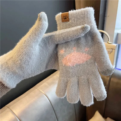 Modne rukavice s otisnutim mačjim šapama Mobilni telefon Zaslon osjetljiv na dodir Pletene rukavice Rukavice Zimske debele tople meke paperjaste rukavice za žene