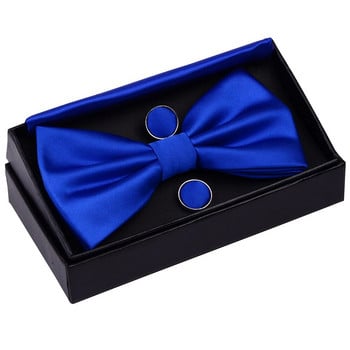 Комплект мъжки папийонки RBOCOTT Твърди двойно сгънати папийонки Водоустойчива обикновена синя папийонка Копчета за ръкавели Подаръчна кутия за мъже Сватбен подарък