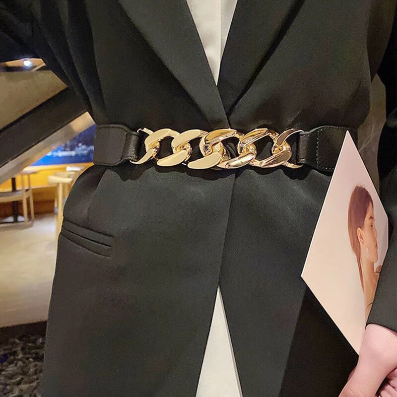 Elastični široki metalni remen s kopčom na lančiće Ženska PU koža s dekorom zakovica Pojas za struk Uzani kaput uz kaput Pojas s pojasom