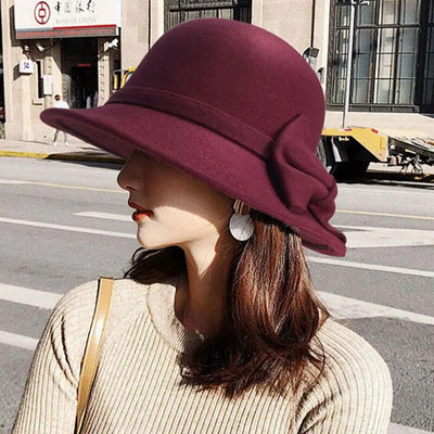 Дамска шапка с панделка Корейски вълнен филц Fedoras Дамска реколта Елегантна шапка тип кофа Топла есенна пролет Панама Шапка с панделка Момичета