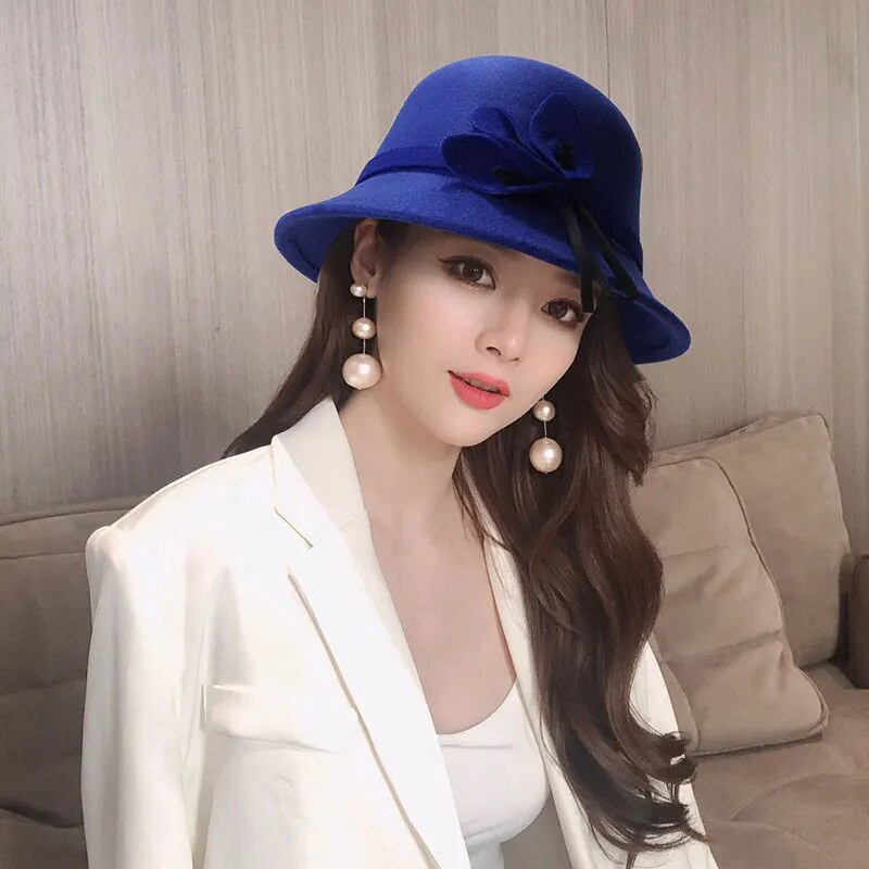 Moteriška skrybėlė korėjietiška vilnonė veltinio Fedoras moteriška vintažinė elegantiška kibiro kepurė šilta rudeninė pavasarinė Panamos kepurė Bowknot merginoms