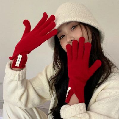 Есенни/зимни ръкавици Дамски корейски плетени топли едноцветни студентски ръкавици със сензорен екран за жени