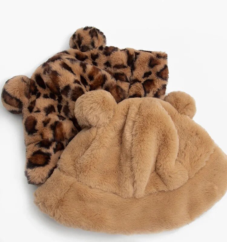 Ziemas Sieviešu Leopards Kausi Cepures Lācis Ausis Zvejnieka Cepure Mīksta Plīša Samta Cepures Kažokādas Pūkainas Siltas Biezas Bob Panamas Cepures Saules cepures