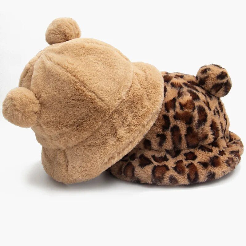 Ziemas Sieviešu Leopards Kausi Cepures Lācis Ausis Zvejnieka Cepure Mīksta Plīša Samta Cepures Kažokādas Pūkainas Siltas Biezas Bob Panamas Cepures Saules cepures