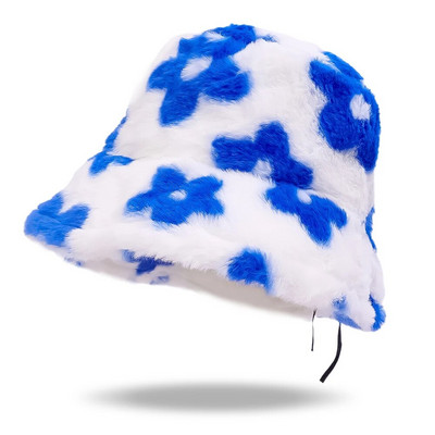 Női Téli virág plüss halászkalap Bolyhos vödörsapka kültéri műszőrme vastag meleg sapka Bob női gyapjú mosdósapka