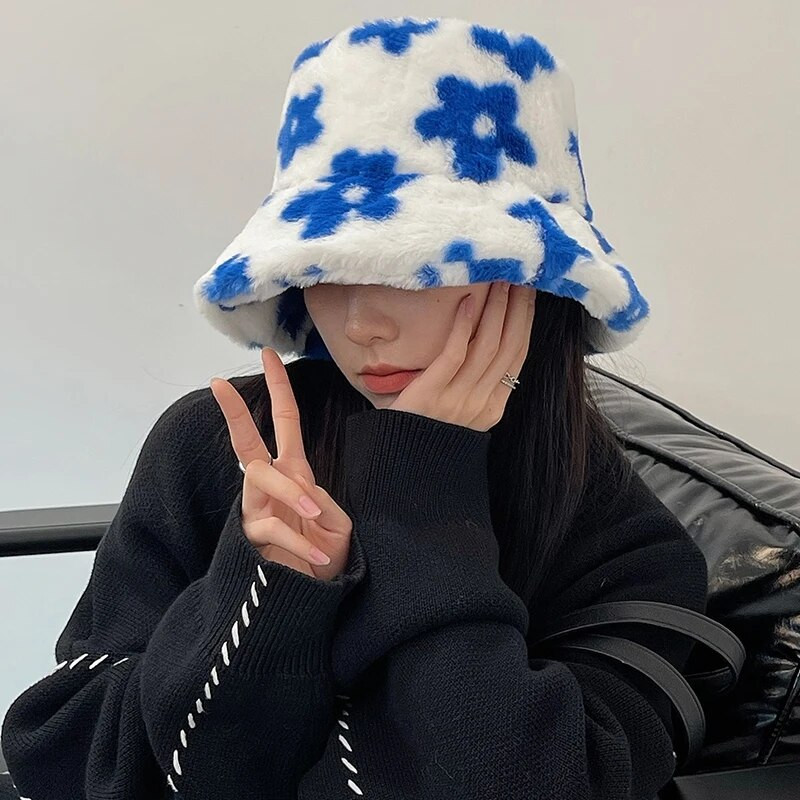 Női Téli virág plüss halászkalap Bolyhos vödörsapka kültéri műszőrme vastag meleg sapka Bob női gyapjú mosdósapka