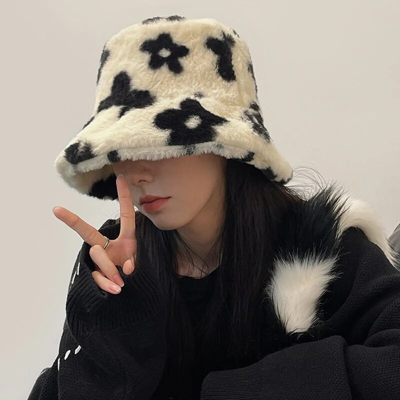 Női Téli virág plüss halászkalap Bolyhos vödörsapka kültéri műszőrme vastag meleg sapka Bob női gyapjú mosdósapka
