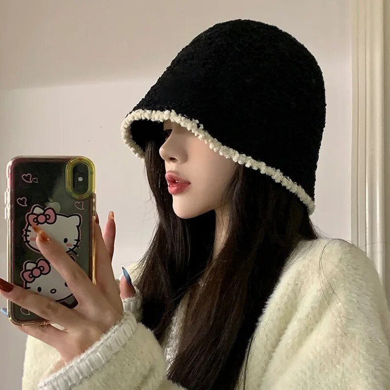 Novi šešir za žene, zimska topla, debela kapa s poklopcem od vune od janjećeg runa Panama ribarske kape Slouchy plišana kapica s lubanjom