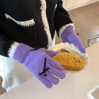 Модни плетени ръкавици с лък Дамски зимни ръкавици Топли ръкавици за езда Плътни пухкави работни ръкавици Y2k Harajuku Kawaii ръкавици
