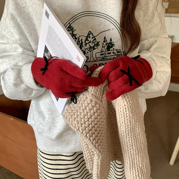 Модни плетени ръкавици с лък Дамски зимни ръкавици Топли ръкавици за езда Плътни пухкави работни ръкавици Y2k Harajuku Kawaii ръкавици