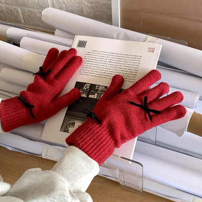Mănuși tricotate cu fundă la modă Mănuși de iarnă pentru femei Mănuși de călărie calde Mănuși de lucru pufoase și solide Y2k Mănuși Kawaii Harajuku