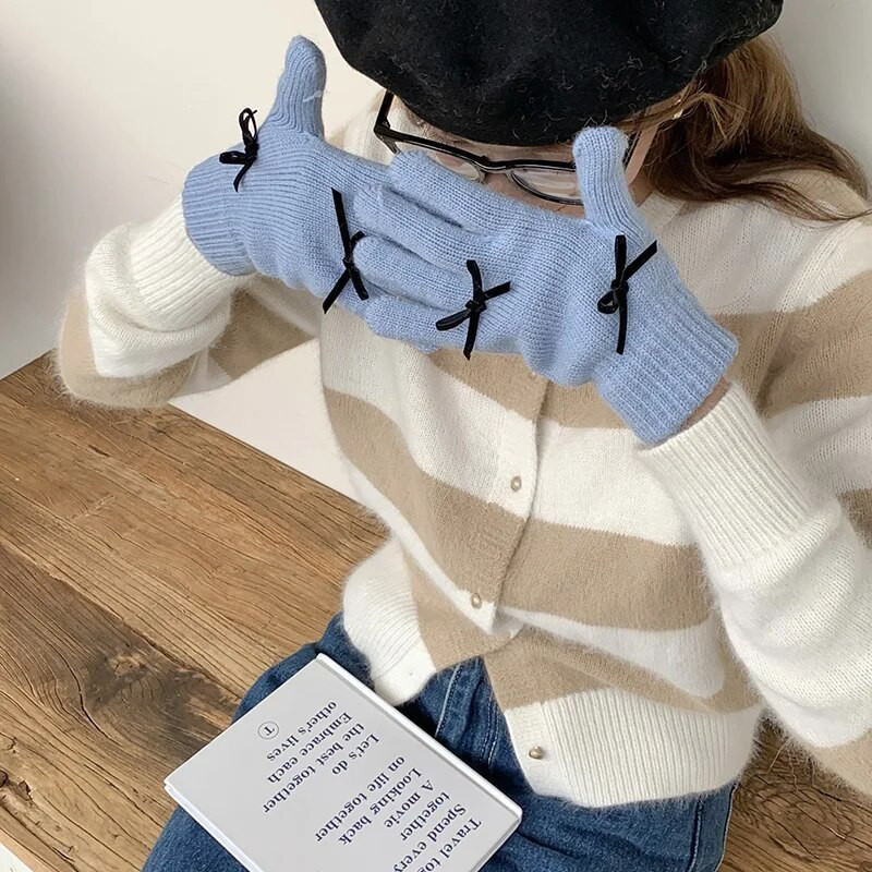 Pletene rukavice s modnom mašnom Ženske zimske rukavice Tople rukavice za jahanje Čvrste pahuljaste radne rukavice Y2k Harajuku Kawaii rukavice