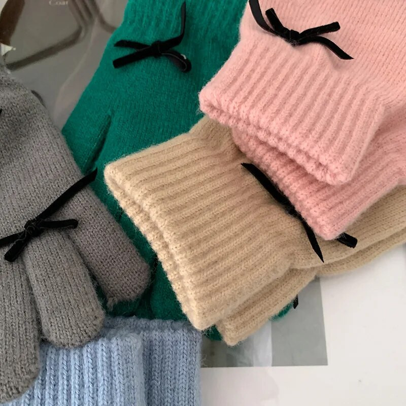 Pletene rukavice s modnom mašnom Ženske zimske rukavice Tople rukavice za jahanje Čvrste pahuljaste radne rukavice Y2k Harajuku Kawaii rukavice