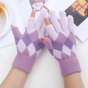 Дамски топли плетени ръкавици Зима Есен Затоплят ръкавици за плетене Унисекс плетени ръкавици с цял пръст Плътен цвят Удебелена ръкавица