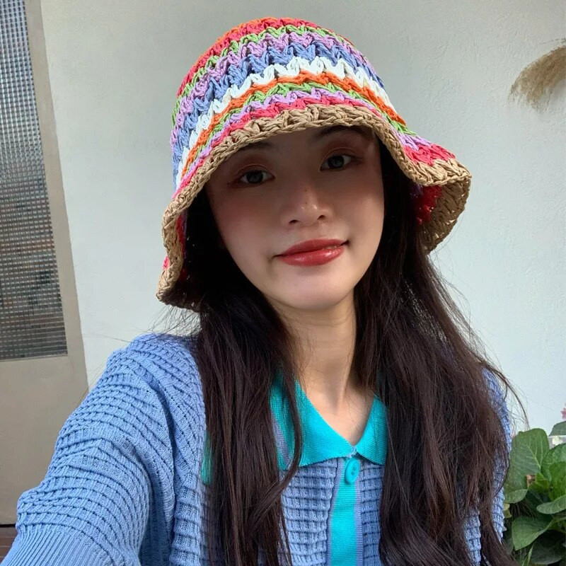 Vasaras rudens cepures sievietēm Daudzkrāsainas austas retro plakanas malas ar rokām darinātas salmu cepures dāmu āra saules aizsardzībai pludmales salmu cepure