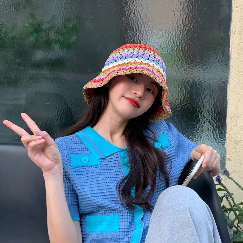 Vasaras rudens cepures sievietēm Daudzkrāsainas austas retro plakanas malas ar rokām darinātas salmu cepures dāmu āra saules aizsardzībai pludmales salmu cepure