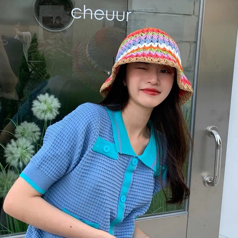 Vasaras rudens cepures sievietēm Daudzkrāsainas austas retro plakanas malas ar rokām darinātas salmu cepures dāmu āra saules aizsardzībai pludmales salmu cepure