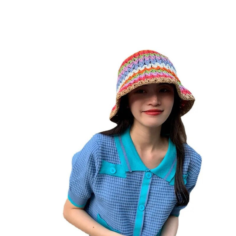 Vasaras rudens cepures sievietēm Daudzkrāsainas austas retro plakanas malas ar rokām darinātas salmu cepures dāmu āra saules aizsardzībai pludmales salmu cepure