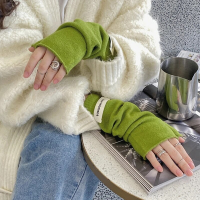 Дамски грейки за ръце с етикети в корейски стил Плетени ръкавици без пръсти Ръкави за китки Harajuku Едноцветни ръкавици за жени