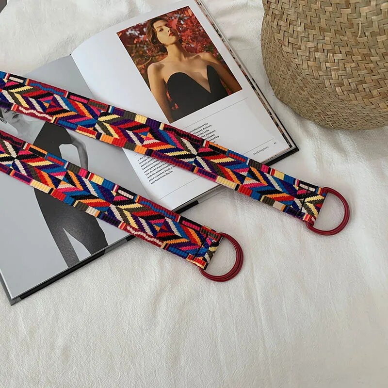 Etniskā stila modes audekls, apdrukāts svītrains jostas D gredzens sprādze Sieviešu jostas siksniņa Džinsi kleita Sieviešu rotājums jostasvieta