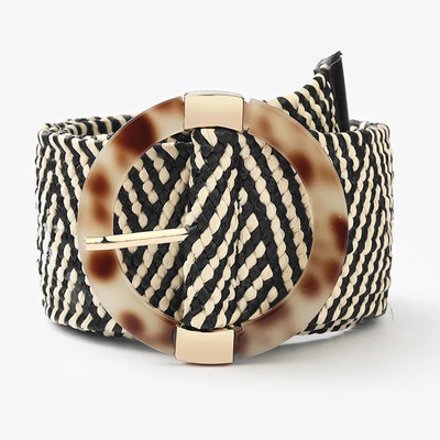 Ženski ležerni pojas s plastičnom kopčom Široki pojas u struku Pp Remeni od slame Boho pleteni remen oko struka s leopard okruglom kopčom