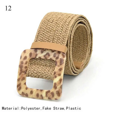 Ženski ležerni pojas s plastičnom kopčom Široki pojas u struku Pp Remeni od slame Boho pleteni remen oko struka s leopard okruglom kopčom