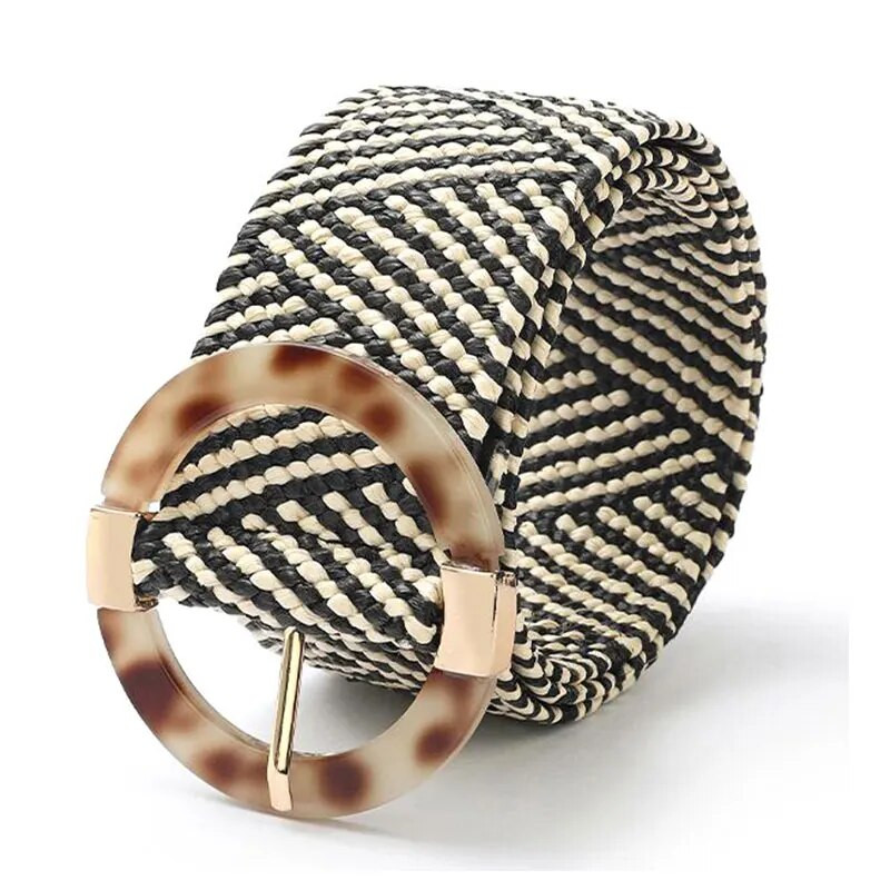 Ženski ležerni pojas s plastičnom kopčom Široki pojas u struku Pp Remeni od slame Boho pleteni remen oko struka s leopard okruglom kopčom